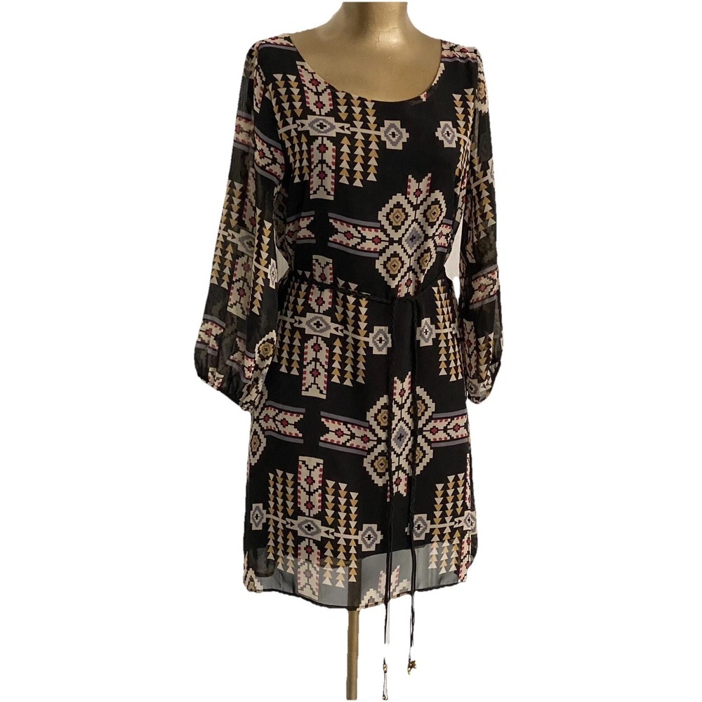 Millibon South Western Women's Mini Dress Boho Chic Geometric Belted Size M VTG